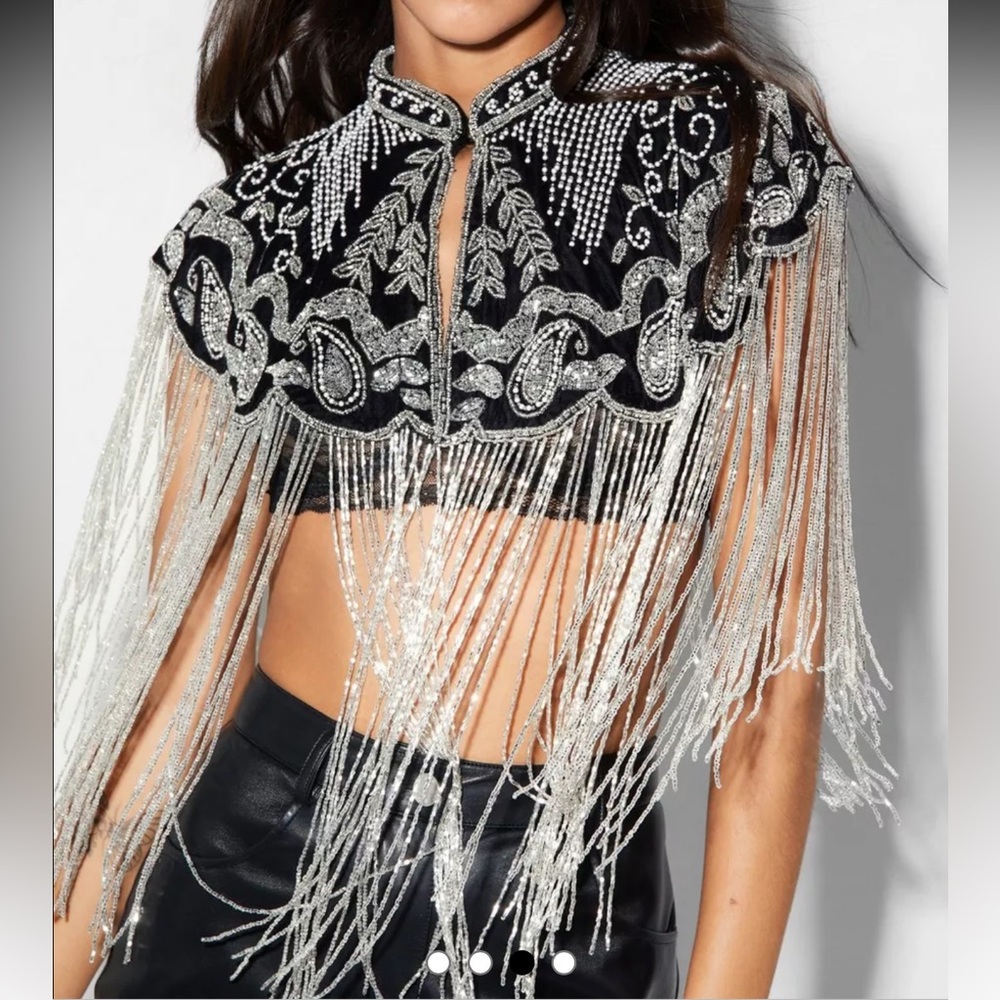 Nasty Gal Velvet Beaded Tassel Fringe Cape Black and Silver